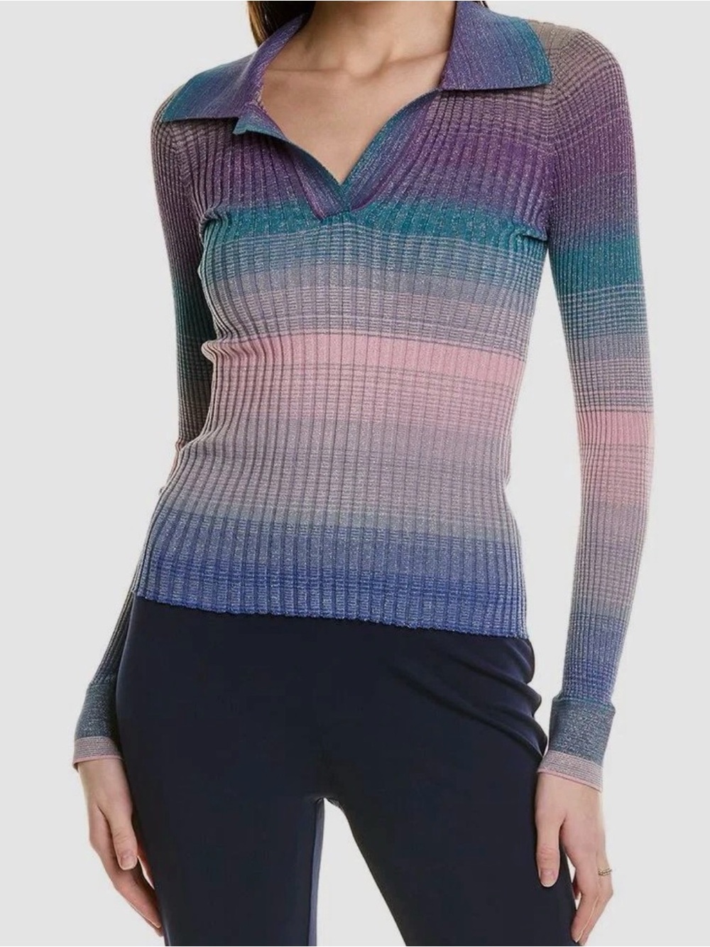 DVF Ribbed Polo Sweater in Pastel Stripe Ombré